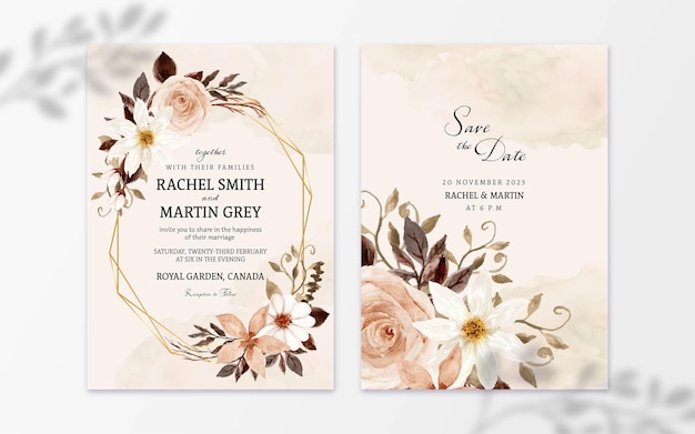 Set of Rustic Watercolor Flower With Abstract Stain Wedding Invitation