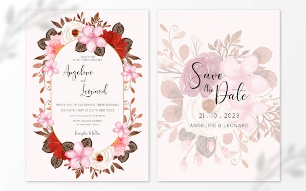 Vector set of rustic white and red watercolor floral wedding invitation