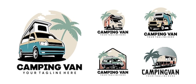 Set of RV camper van classic style logo vector illustration Perfect for RV with Palm tree Summer theme