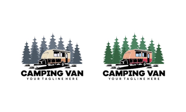 Set of RV camper van classic style logo vector illustration Perfect for RV with pine forest