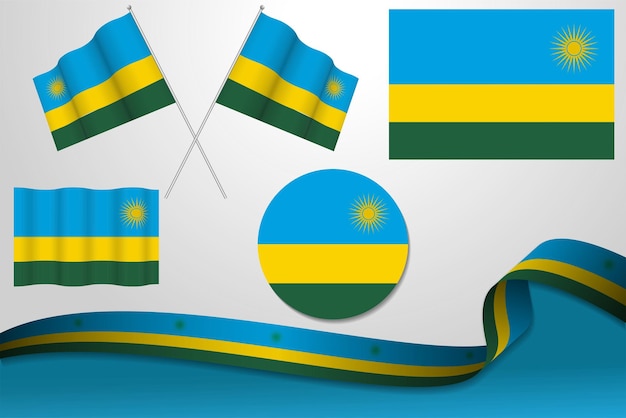 Set Of Rwanda Flags In Different Designs Icon Flaying Flags With ribbon With Background