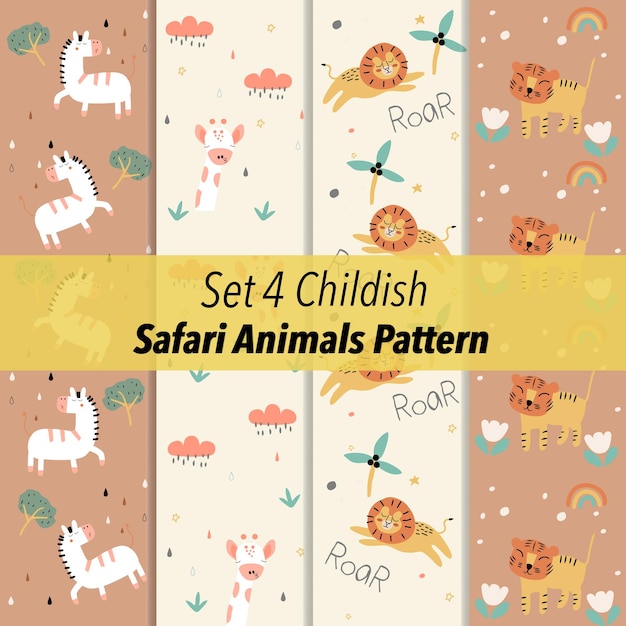 a set of safari animal pattern with four different designs and animals for a baby surface design