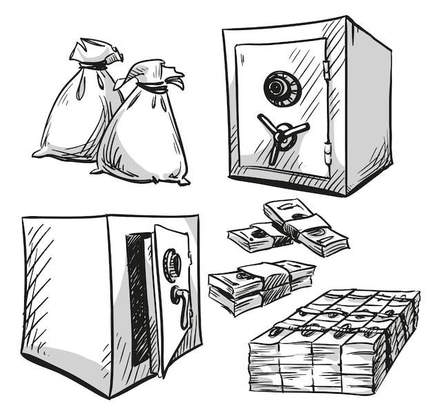 Set of safes drawings. Money. Cash. Vector illustration