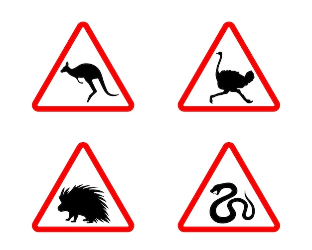 Set of Safety sign beware of wild animals.  Beware of  Snake, kangaroo, Common ostrich, porcupine.