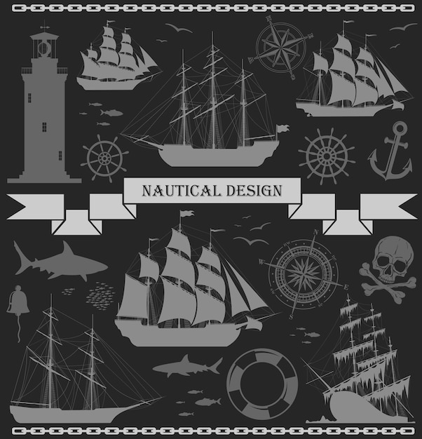 Set of sailing ships with nautical design elements over grey background. Vector illustration. No trace.