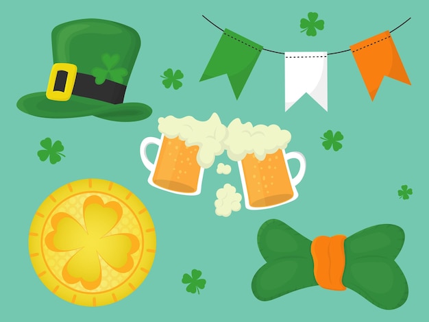 A set for saint patricks day includes gold coin hat glasses of beer flags garland and butterfly