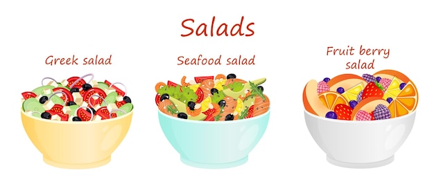 Set of salads Greek sea and fruit salads on a white background Healthy and wholesome food