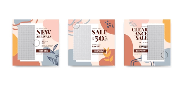 Set of sale invitation banners square advertising template for social media new arrivals 50 off clearance sale organic abstract shapes style vector illustration