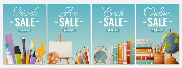 Vector set of sale posters. items for school, art, reading, online store. vector illustration. education