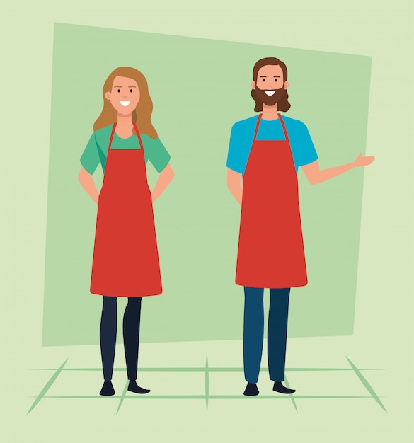 Vector set of saleswoman and salesman with hairstyle wearing apron