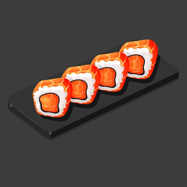 Set of salmon sushi rolls with nori on the stone plate Asian food cartoon