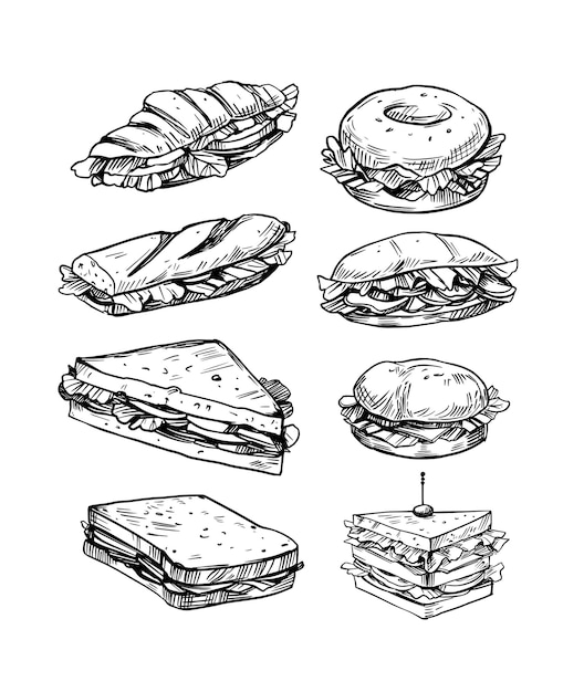 set of  sandwiches  vector illustration in sketch style fast food