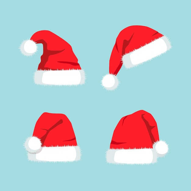 Set of santa claus hat. Red cap for celebration christmas.