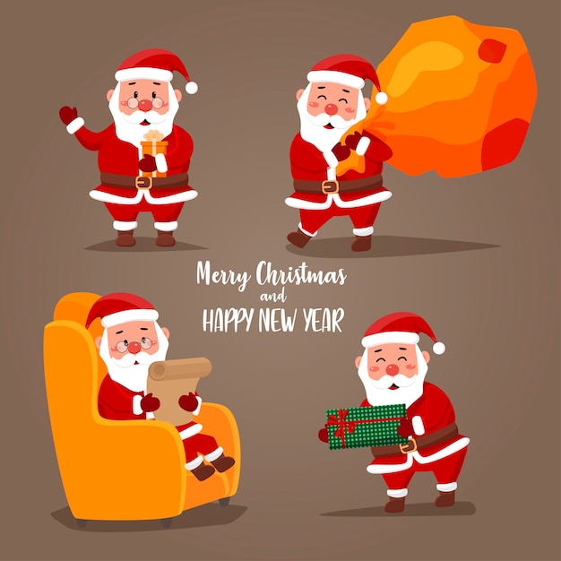 Set of Santa Claus stickers for Christmas with typical Christmas greetings