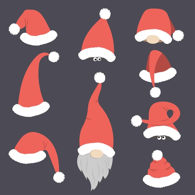 Set of Santa's Christmas hats with gnomes Different forms of festive attire