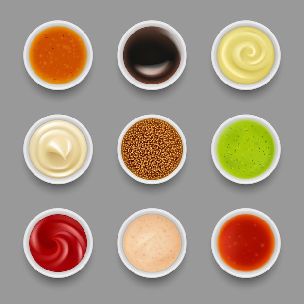 Set sauces. Liquid syrup in round bowls top view mustard tomato ketchup wasabi mayonnaise chili decent vector illustrations realistic set. Ketchup and mayonnaise sauce, seasoning mayo or yogurt