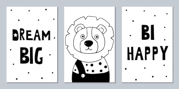 Set of Scandinavian black and white posters with animals and inscriptions