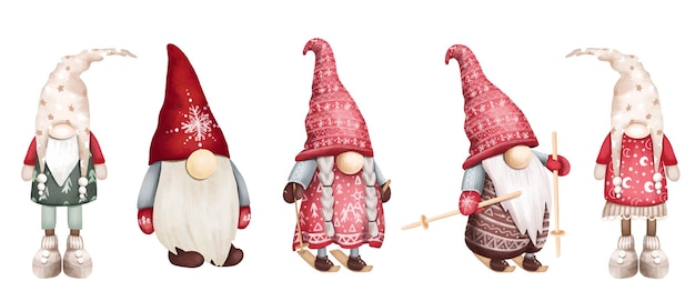 Set of scandinavian Christmas gnomes, Christmas winter gnomes clipart