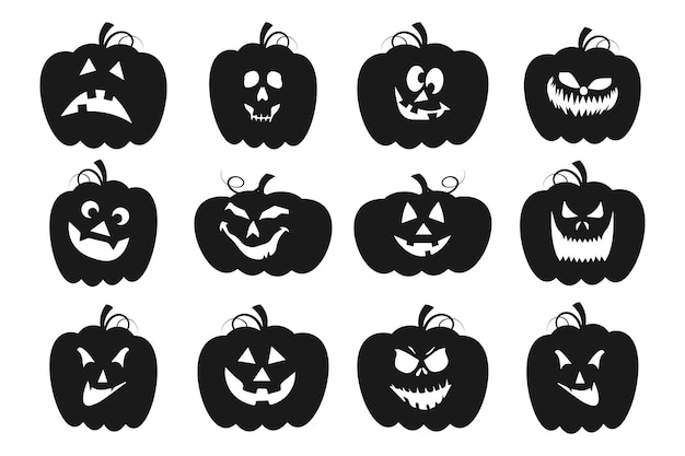 Set of scary Halloween pumpkins with cartoon faces. Festive decor elements, vector