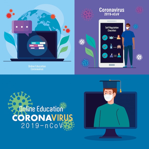 set scenes, online education to stop coronavirus covid-19 spreading, learning online concept vector illustration design