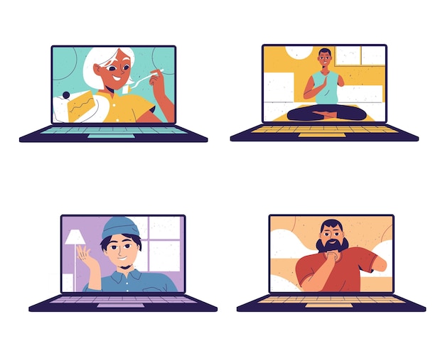 set scenes of video conference with man and woman vector illustration desing