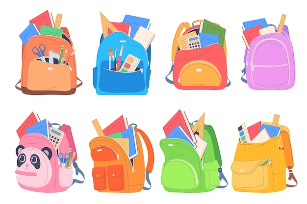 Set of school backpacks Children briefcases for carrying school supplies Vector illustration