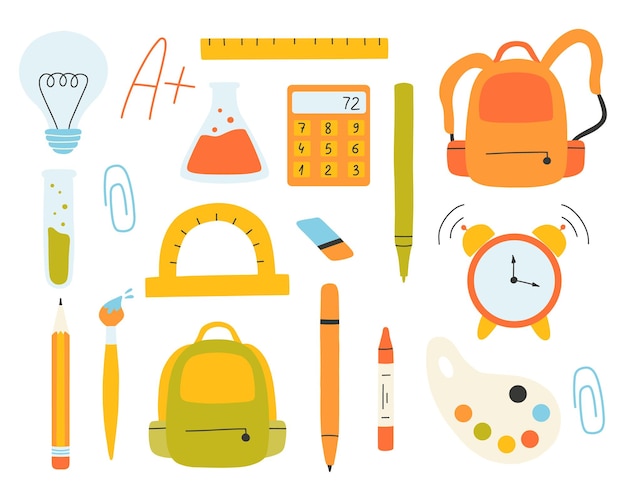 Set of school elements Back to school End of school collection Vector illustration Flat hand drawn style Backpack calculator pencil protractor brush