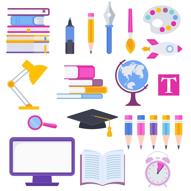 Set of school icons. School supplies. Flat vector illustration on white background.