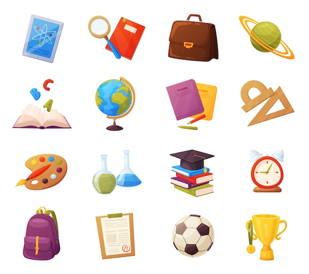 Set of school items. Cartoon objects and supplies include: books, backpack, tablet, magnifier, ball, alarm, ruler, briefcase, flasks, notebook, cap, grades list, cup.