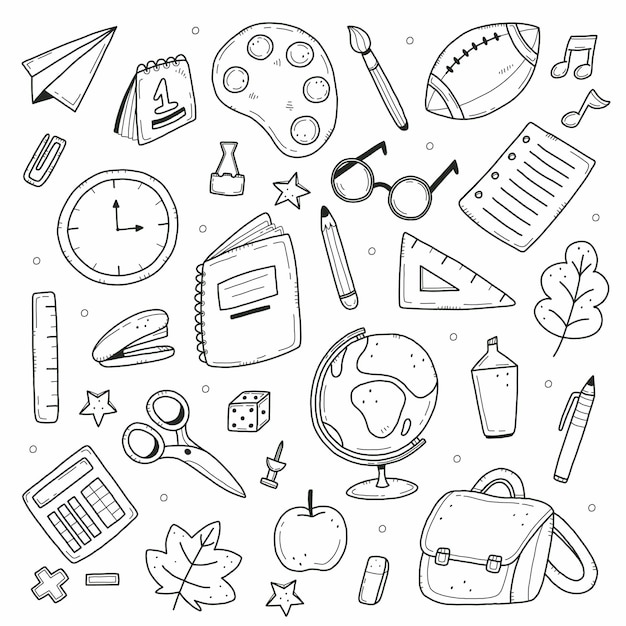 A set of school items in a simple doodle style