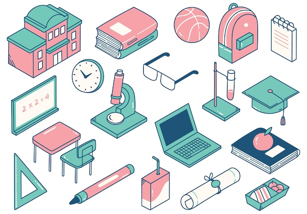 Set of School Supplies Design Element in Isometric Doodle Style Illustration