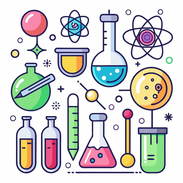 Set of science related line icons Chemistry molecule biology dna lab etc