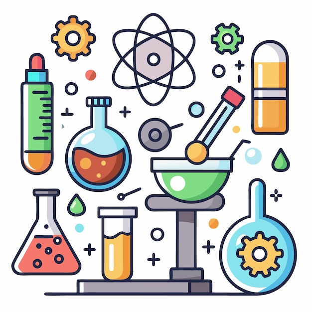 Set of science related line icons Chemistry molecule biology dna lab etc