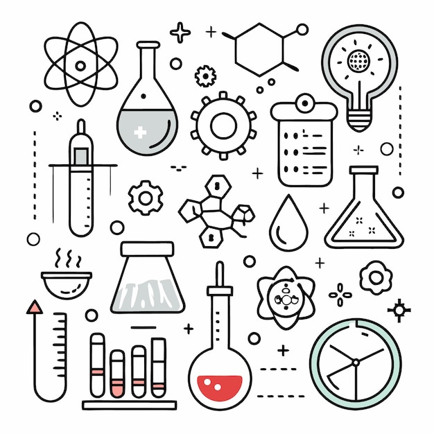 Set of science related line icons Chemistry molecule biology dna lab etc