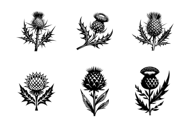 Vector set of scottish thistle vector art illustration style black and white