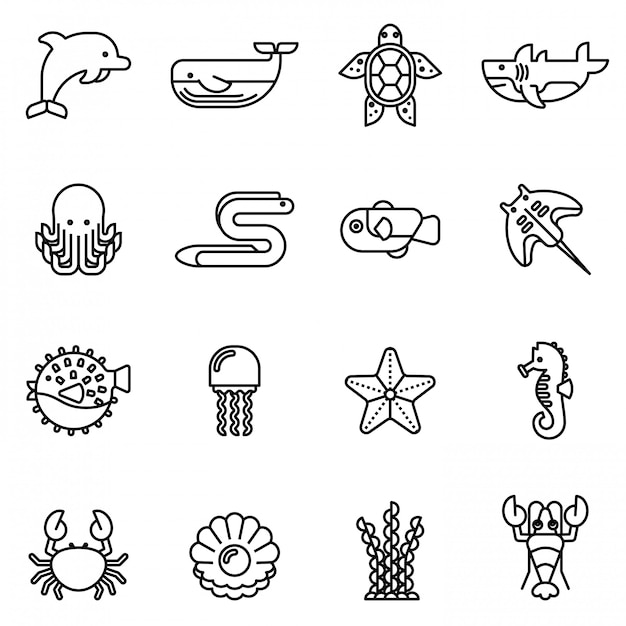 Set of sea or ocean animals icons. Vector illustration.