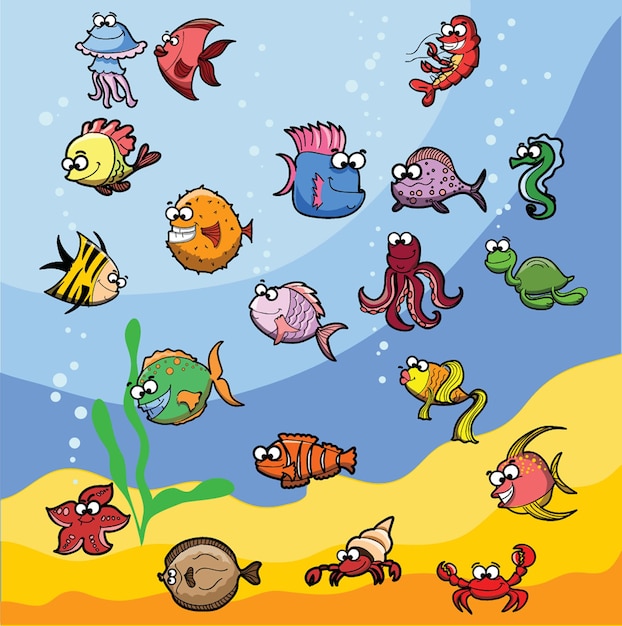 Set of sea and ocean underwater animals Cute aquatic turtle whale narwhal dolphin octopus and colorful fishes Childish colored flat cartoon vector illustration