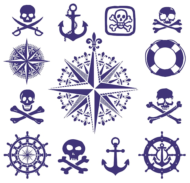 Set of sea and pirate symbols. Wind rose, Skulls, steering wheel, anchor, lifebuoy