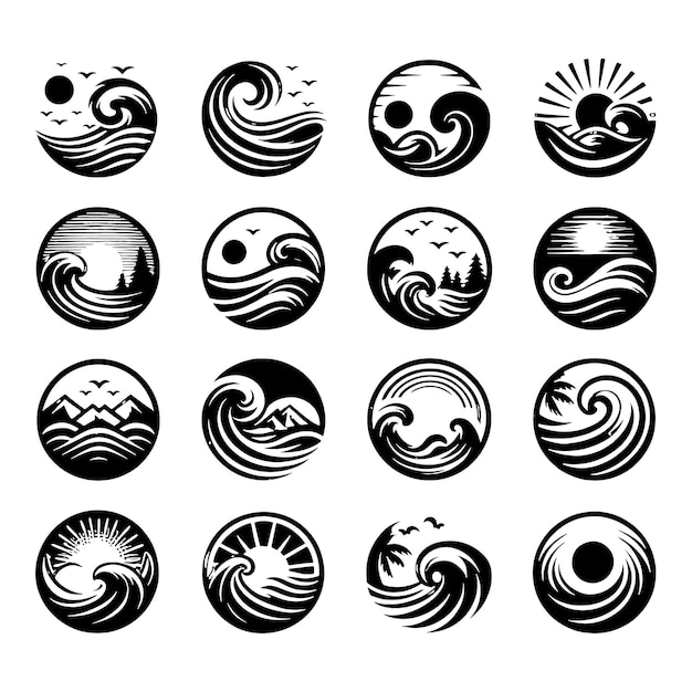 Vector set of sea wave sunset logo icon silhouette symbols clipart sunset logo concept sunset on a beach