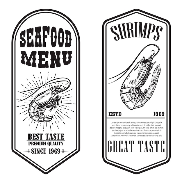 Set of seafood flyers with shrimp illustrations. Design element for poster, banner, sign, emblem. Vector illustration