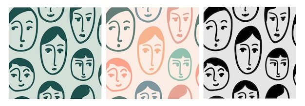 Vector set seamless abstract pattern with women's faces. collection background with people's heads drawn with a line. illustration for textiles, wallpaper, wrapping paper. vector