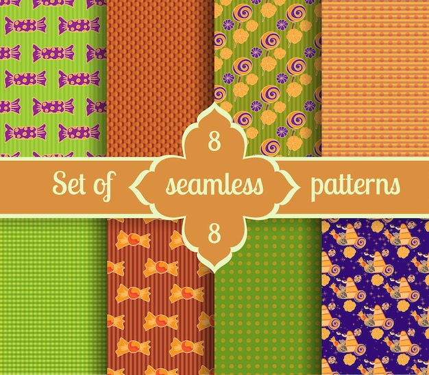 Set seamless backgrounds of sweet and geometric patterns Collection halloween candy