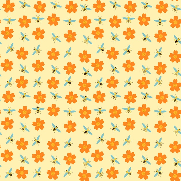 A set of seamless backgrounds with flowers and bees spring 1000x1000 vector graphics