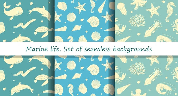 Set of seamless backgrounds with marine animals