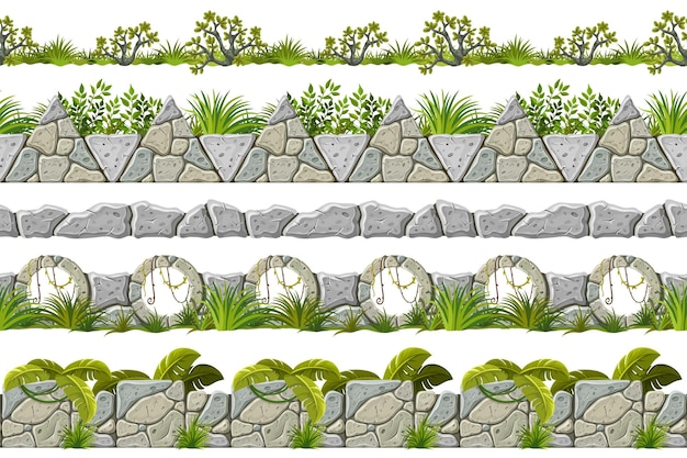 Set of seamless border old gray rock and grass Vector stone sidewalks with leaves