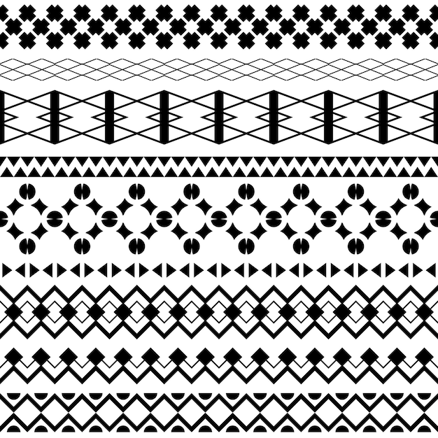 Set of seamless borders geometric patterns on white background