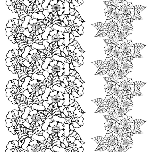 Set of Seamless borders pattern for Mehndi Henna drawing and tattoo Decoration in ethnic oriental Indian style Doodle ornament Outline hand draw vector illustration