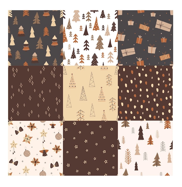 Set of seamless bright merry Christmas patterns. For wallpaper, textile, backdrop, wrapping paper