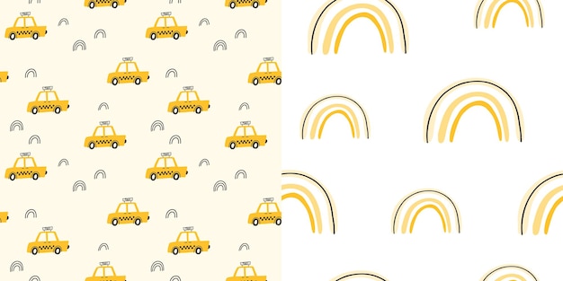 Set of seamless childish pattern with hand drawn cartoon cars Creative kids abstract texture for fabric wrapping textile wallpaper apparel Vector illustration