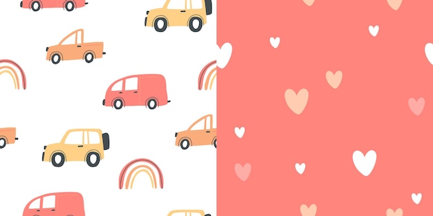 Set of seamless childish pattern with hand drawn cartoon cars Creative kids abstract texture for fabric wrapping textile wallpaper apparel Vector illustration